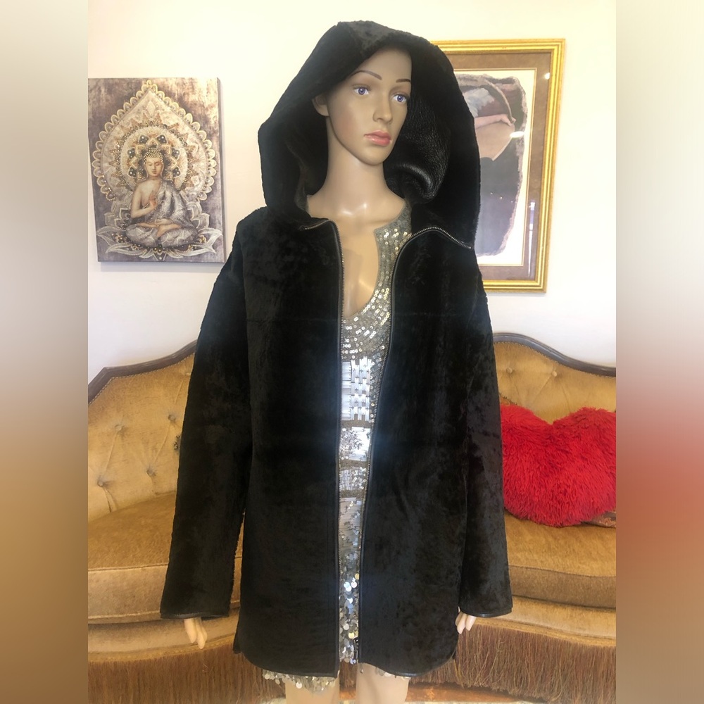Black Hooded Women's reversible buttery leather velvet coat size M